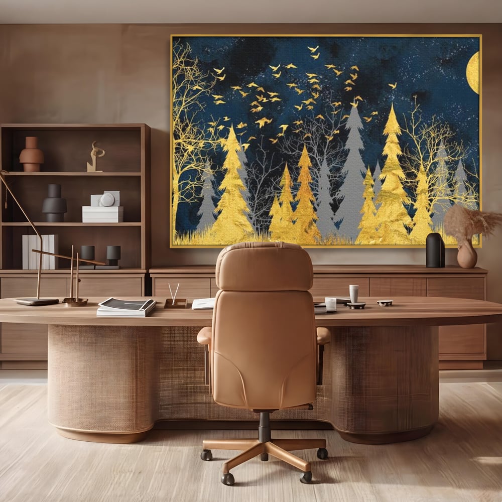 Tablou canvas cu tablou canvas cu padure aurie noaptea, in rama de aluminiu auriu, pe perete intr-un birou